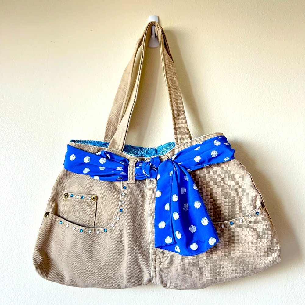 NWT Khaki Pants Blue Scarf Purse Handbag Rhinestones Pockets Shoulder bag bling